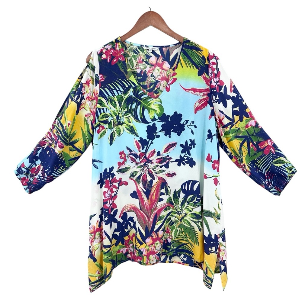 JOHN MARK Silk Top Artsy Tropical Boho Blouse Tunic Cold Shoulder